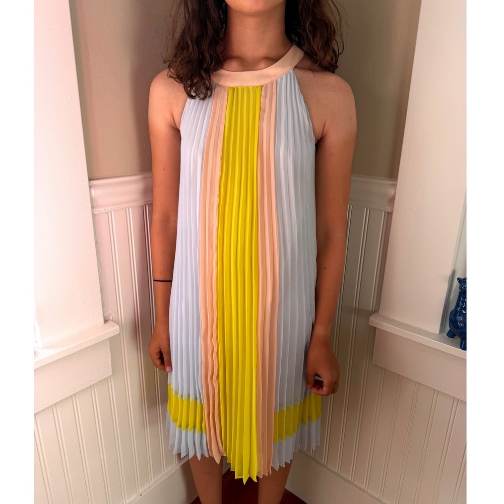 Ted Baker Lellia Pleated Colorblock Shift Dress Pastel Neon Blue Yellow Size 3 8